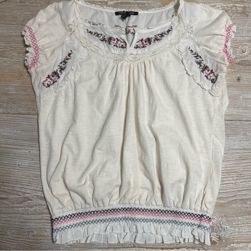 Lucky Brand Bohemian Floral Embroidered and Lace Peasant Top 100% Cotton Sz M